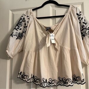 Express Cream and Black Embroidered Tie Front Blouse